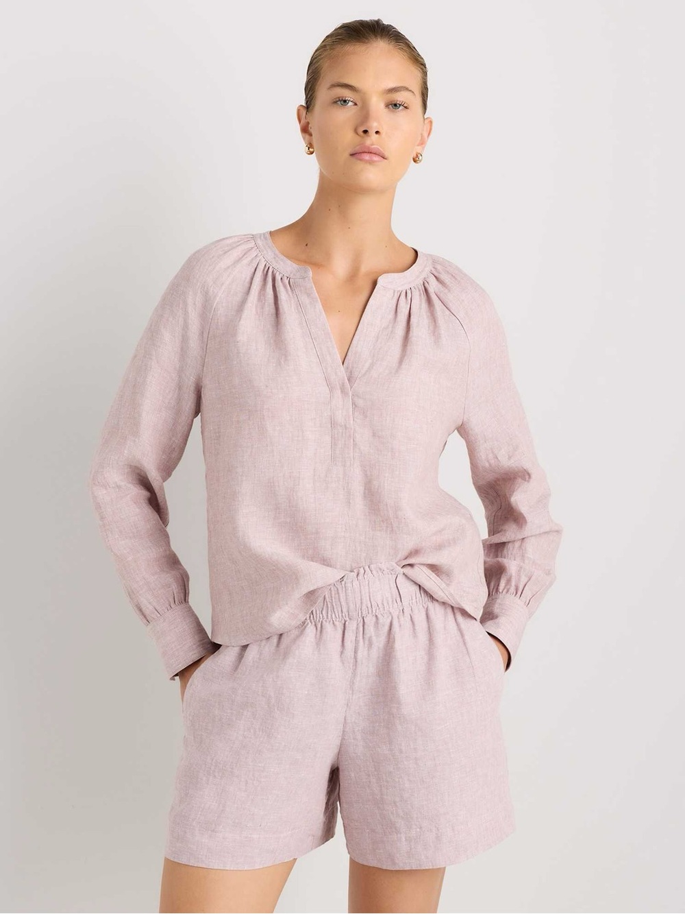 Quince 100% European linen peasant top sz large vintage pink chambray